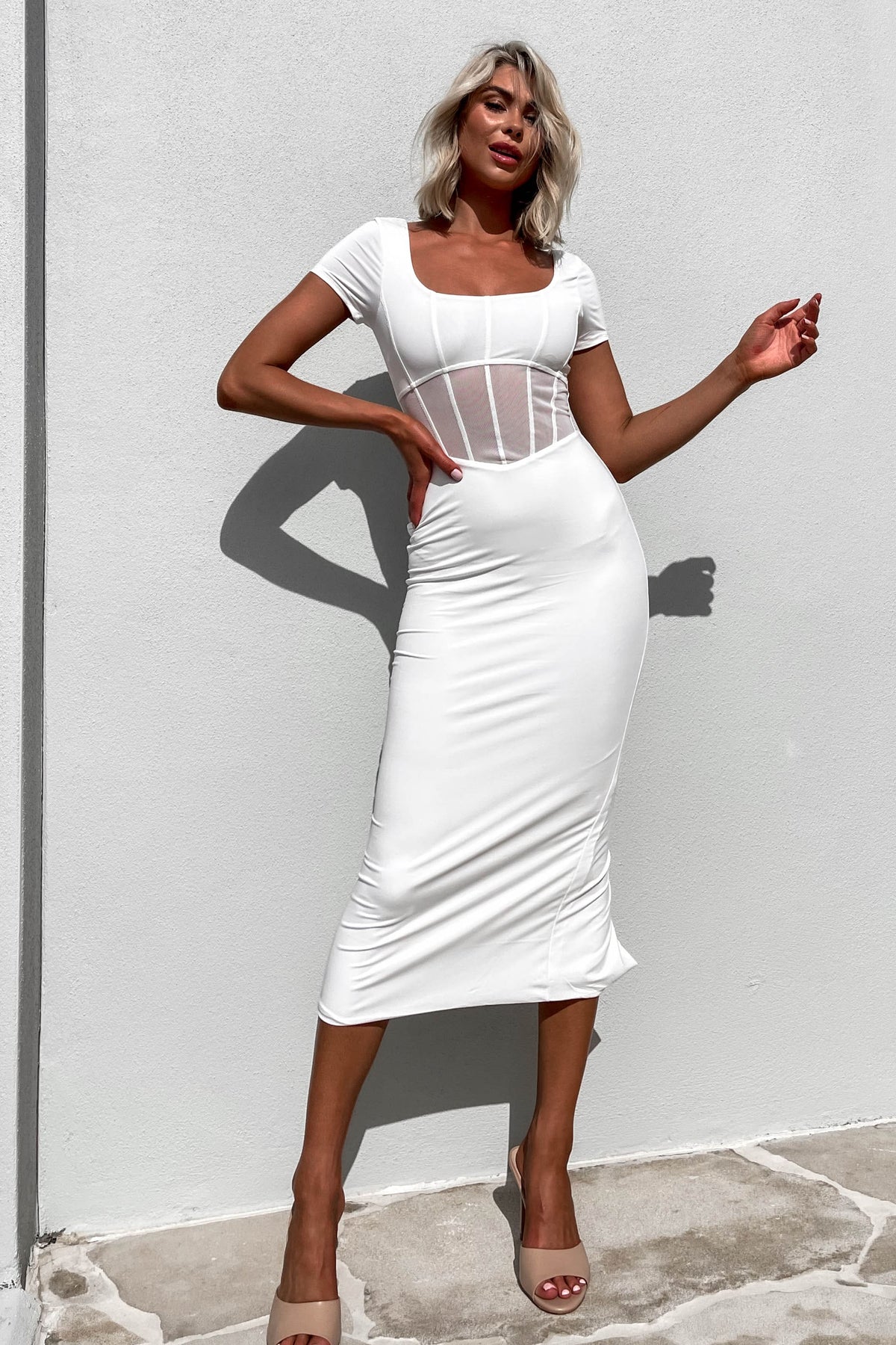 Tamias Dress, COTTON &amp; POLYESTER, COTTON AND POLYESTER, DRESS, DRESSES, MIDI DRESS, new arrivals, POLYESTER AND COTTON, WHITE, , -MISHKAH
