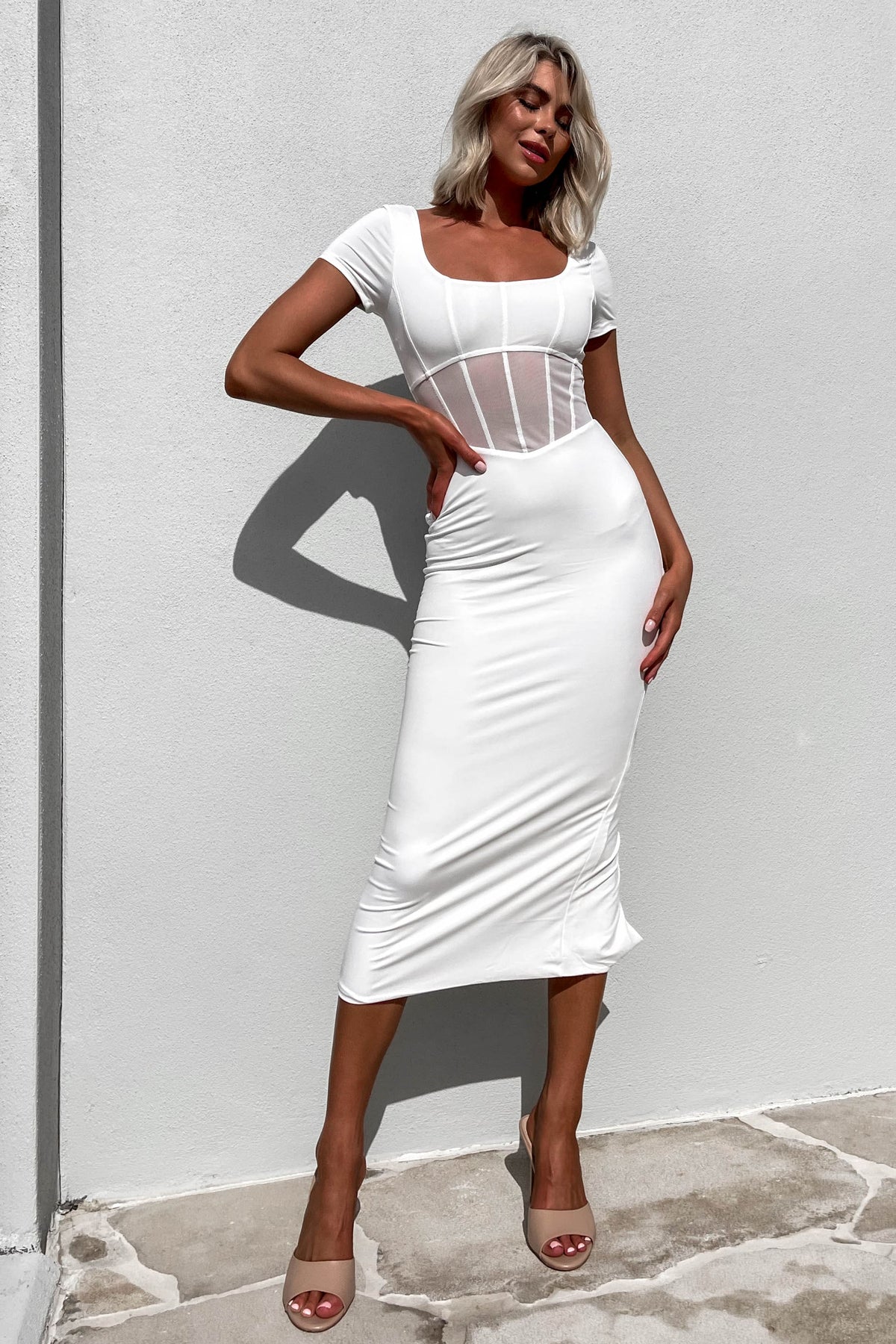 Tamias Dress, COTTON &amp; POLYESTER, COTTON AND POLYESTER, DRESS, DRESSES, MIDI DRESS, new arrivals, POLYESTER AND COTTON, WHITE, , -MISHKAH