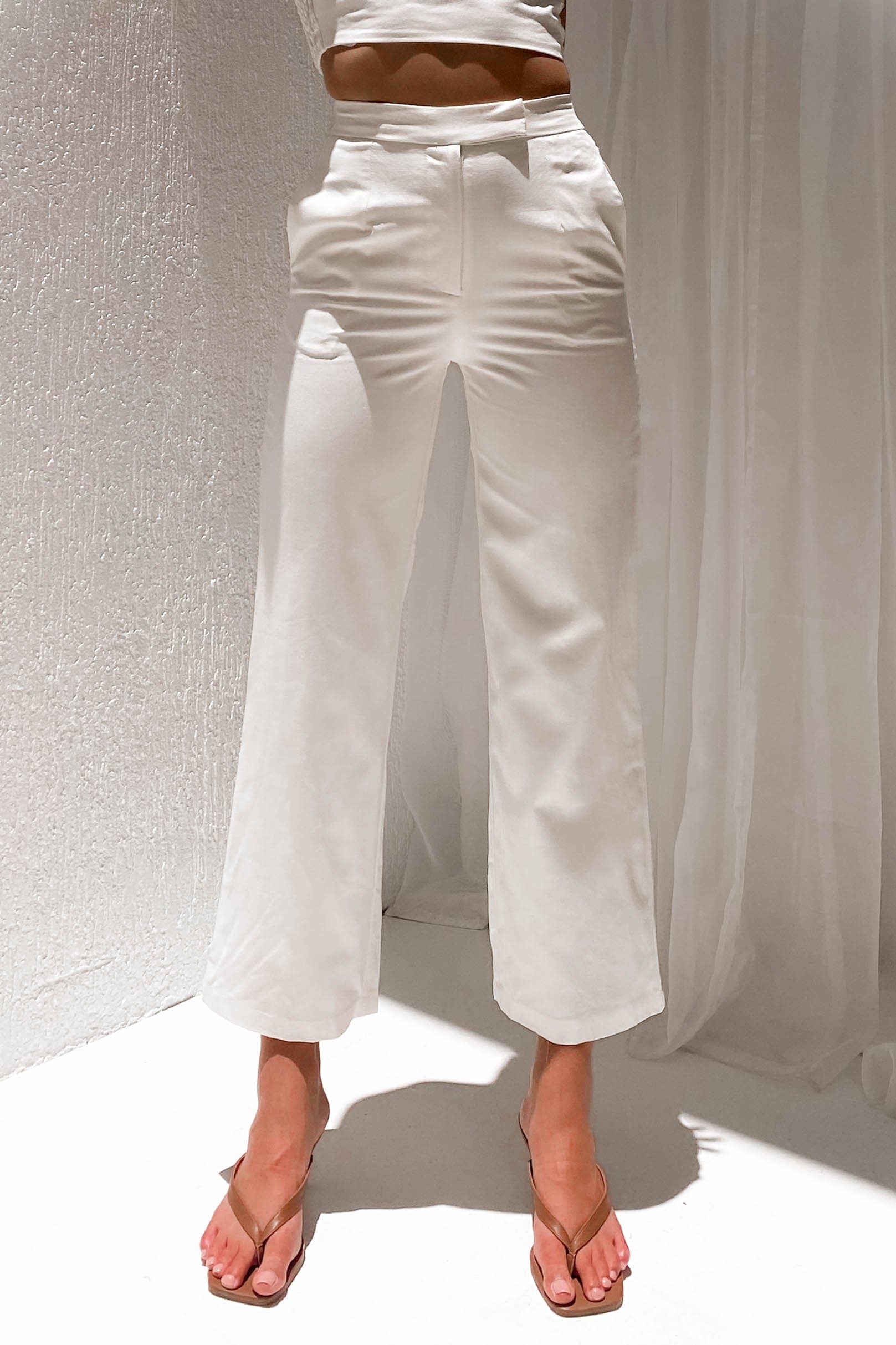Tanella Pants, BOTTOMS, HIGH WAISTED, HIGH WAISTED PANTS, LINEN & POLYESTER, LINEN AND POLYESTER, new arrivals, PANTS, POLYESTER AND LINEN, WHITE, , -MISHKAH
