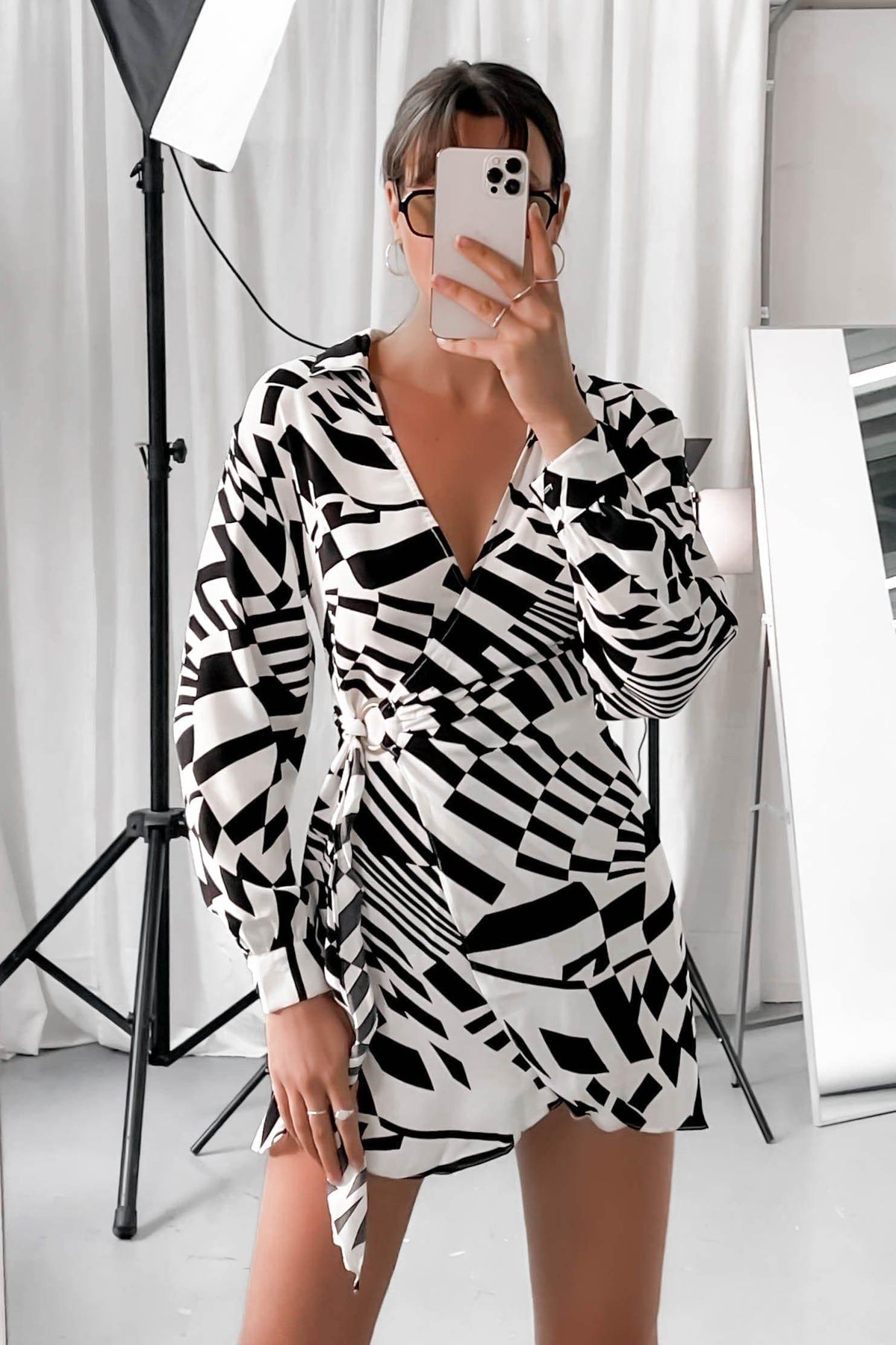 Tassia Dress, BLACK, DRESS, DRESSES, LONG SLEEVE, PATTERN, POLYESTER, RAYON, SPANDEX, WAIST TIE, WHITE, WRAP, Tassia Dress only $70.00 @ MISHKAH ONLINE FASHION BOUTIQUE, Shop The Latest Women&#39;s Dresses - Our New Tassia Dress is only $70.00, @ MISHKAH ONLINE FASHION BOUTIQUE-MISHKAH