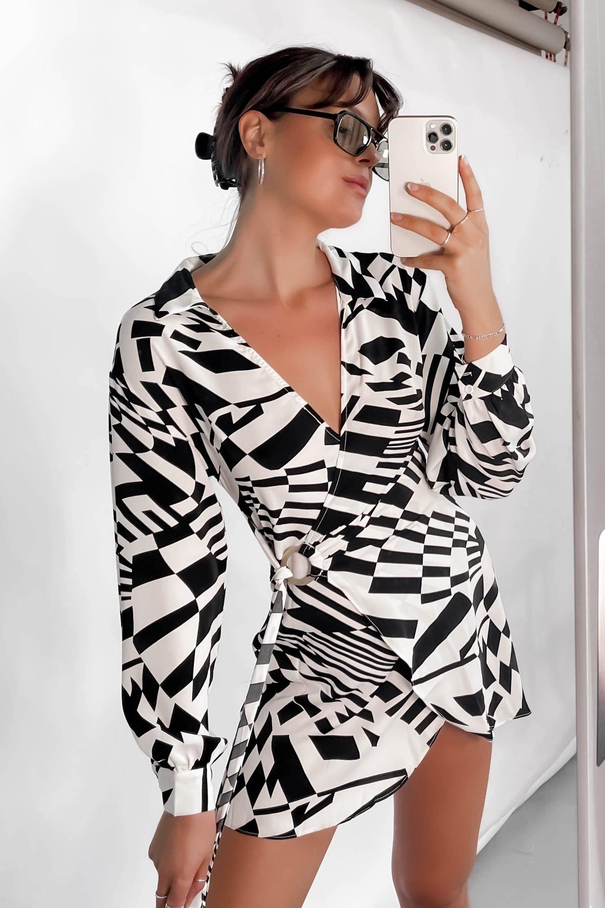 Tassia Dress, BLACK, DRESS, DRESSES, LONG SLEEVE, PATTERN, POLYESTER, RAYON, SPANDEX, WAIST TIE, WHITE, WRAP, Tassia Dress only $70.00 @ MISHKAH ONLINE FASHION BOUTIQUE, Shop The Latest Women&#39;s Dresses - Our New Tassia Dress is only $70.00, @ MISHKAH ONLINE FASHION BOUTIQUE-MISHKAH