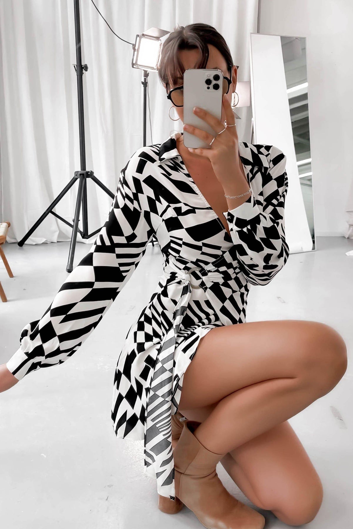 Tassia Dress, BLACK, DRESS, DRESSES, LONG SLEEVE, PATTERN, POLYESTER, RAYON, SPANDEX, WAIST TIE, WHITE, WRAP, Tassia Dress only $70.00 @ MISHKAH ONLINE FASHION BOUTIQUE, Shop The Latest Women&#39;s Dresses - Our New Tassia Dress is only $70.00, @ MISHKAH ONLINE FASHION BOUTIQUE-MISHKAH