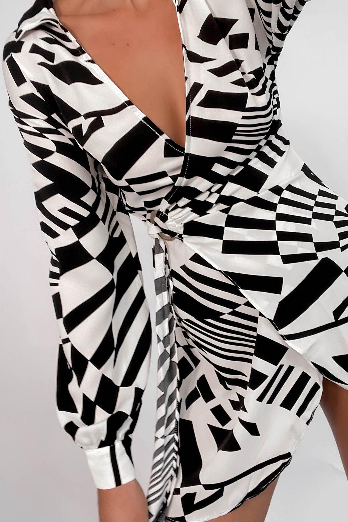 Tassia Dress, BLACK, DRESS, DRESSES, LONG SLEEVE, PATTERN, POLYESTER, RAYON, SPANDEX, WAIST TIE, WHITE, WRAP, Tassia Dress only $70.00 @ MISHKAH ONLINE FASHION BOUTIQUE, Shop The Latest Women&#39;s Dresses - Our New Tassia Dress is only $70.00, @ MISHKAH ONLINE FASHION BOUTIQUE-MISHKAH