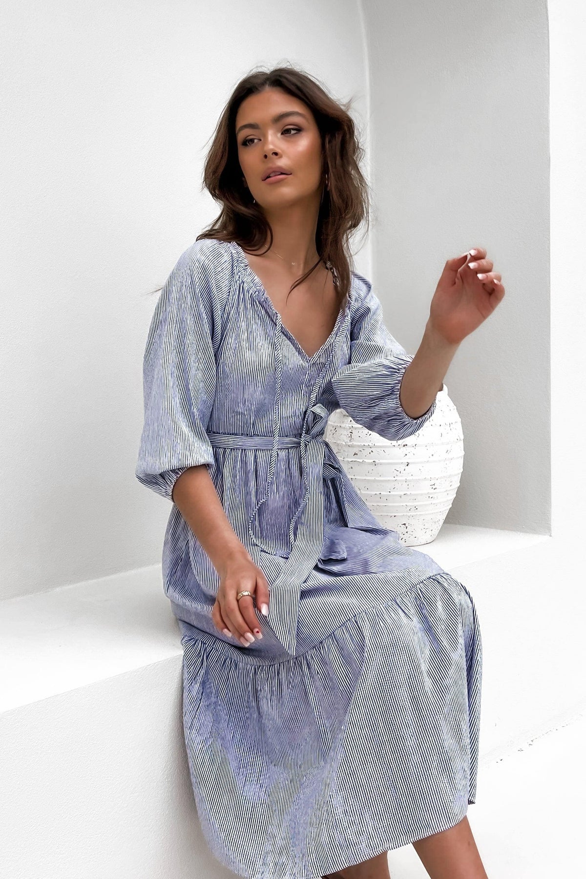 Tayia Dress, BAGGY, DRESS, DRESSES, LONG SLEEVE, MIDI DRESS, NEW ARRIVALS, PIN STRIPE, Sale, WAIST TIE, Tayia Dress only $61.00 @ MISHKAH ONLINE FASHION BOUTIQUE, Shop The Latest Women&#39;s Dresses - Our New Tayia Dress is only $61.00, @ MISHKAH ONLINE FASHION BOUTIQUE-MISHKAH