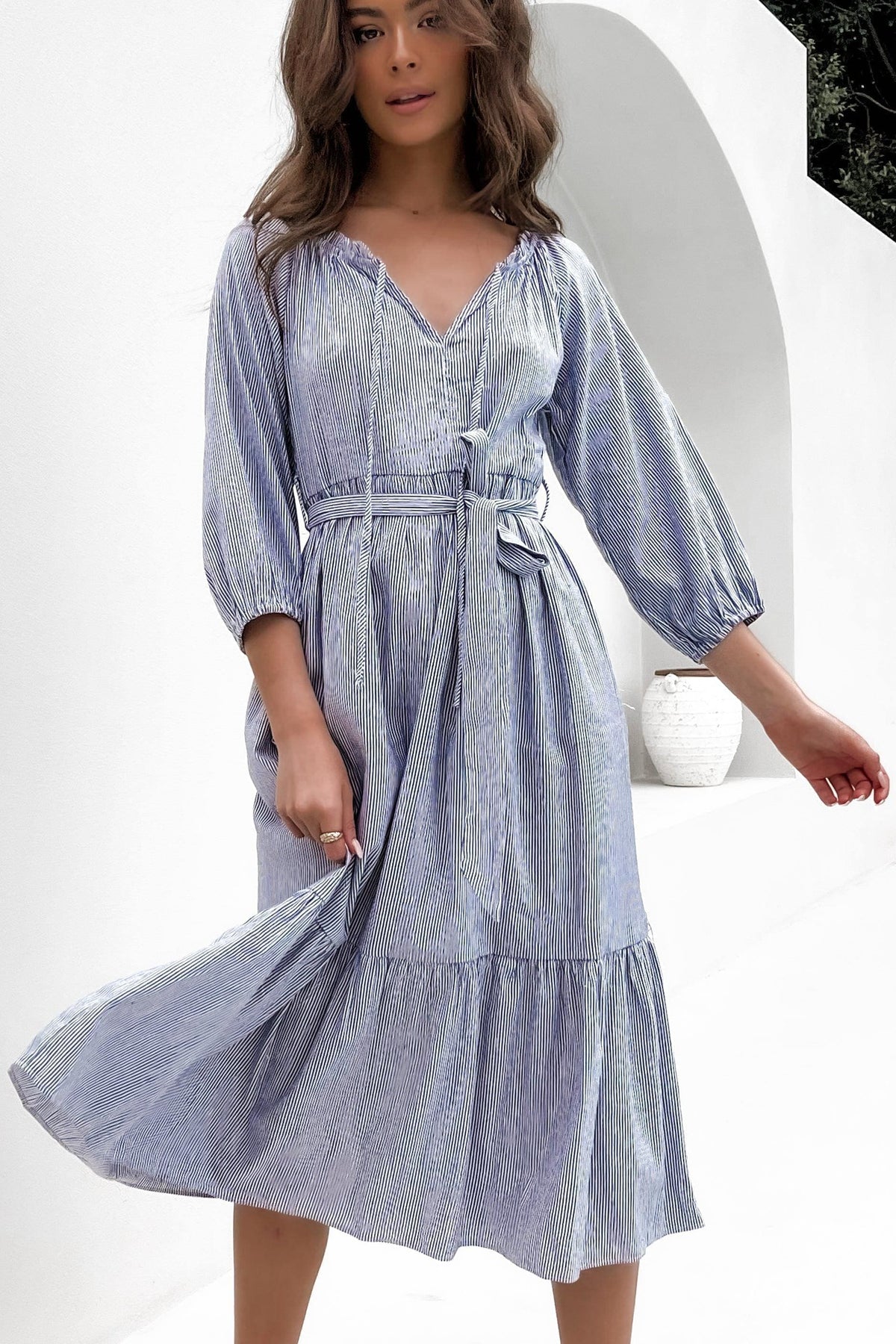 Tayia Dress, BAGGY, DRESS, DRESSES, LONG SLEEVE, MIDI DRESS, NEW ARRIVALS, PIN STRIPE, Sale, WAIST TIE, Tayia Dress only $61.00 @ MISHKAH ONLINE FASHION BOUTIQUE, Shop The Latest Women&#39;s Dresses - Our New Tayia Dress is only $61.00, @ MISHKAH ONLINE FASHION BOUTIQUE-MISHKAH