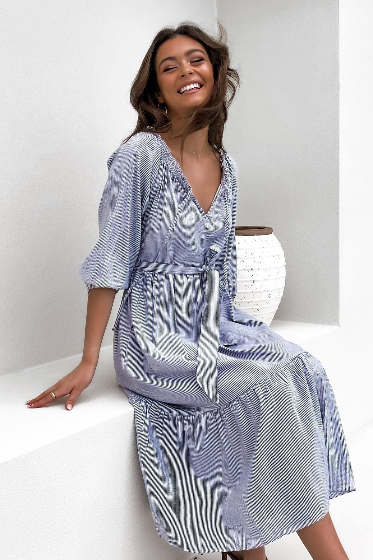 Tayia Dress, BAGGY, DRESS, DRESSES, LONG SLEEVE, MIDI DRESS, NEW ARRIVALS, PIN STRIPE, Sale, WAIST TIE, Tayia Dress only $61.00 @ MISHKAH ONLINE FASHION BOUTIQUE, Shop The Latest Women&#39;s Dresses - Our New Tayia Dress is only $61.00, @ MISHKAH ONLINE FASHION BOUTIQUE-MISHKAH