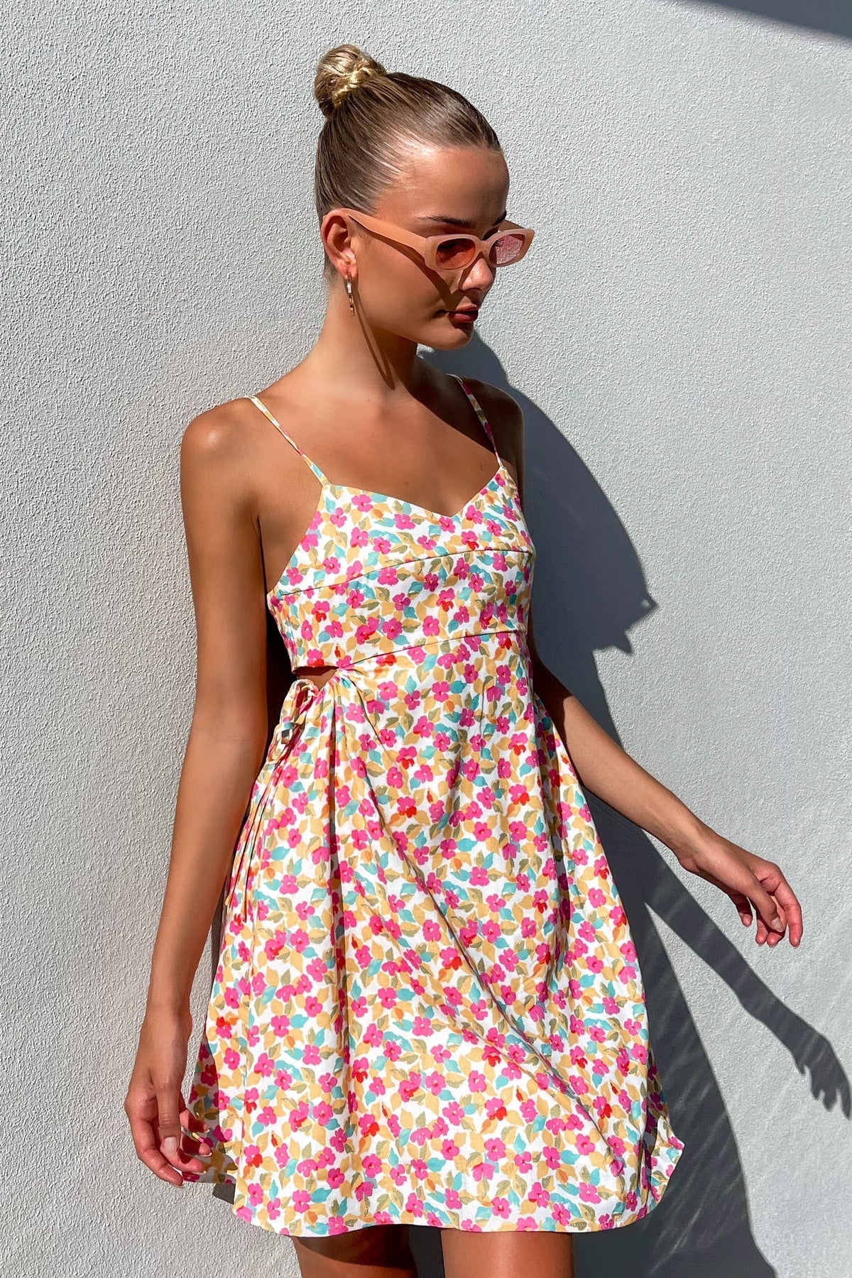 Taytum Dress, DRESS, DRESSES, FLORAL, FLORALS, LINEN &amp; POLYESTER, LINEN AND POLYESTER, MINI DRESS, new arrivals, PINK, POLYESTER AND LINEN, , -MISHKAH