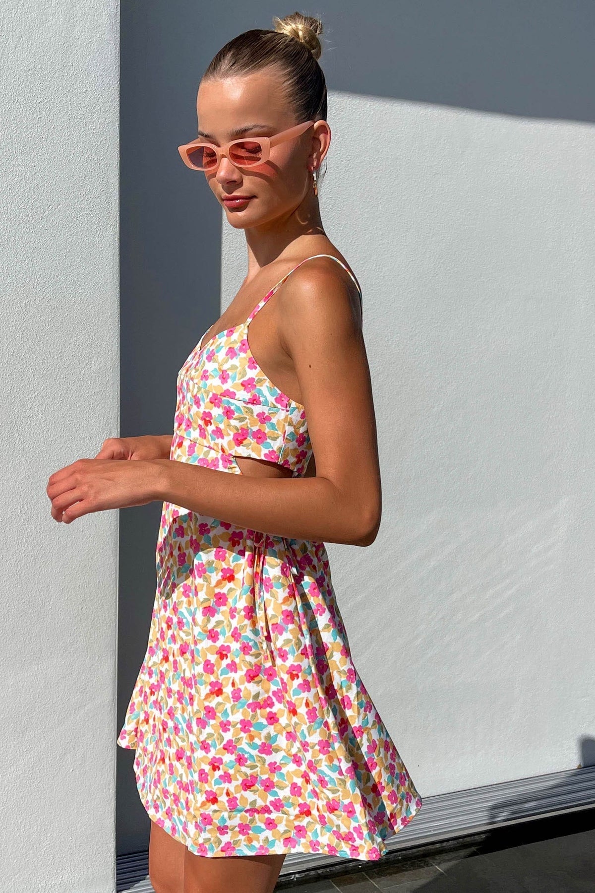 Taytum Dress, DRESS, DRESSES, FLORAL, FLORALS, LINEN &amp; POLYESTER, LINEN AND POLYESTER, MINI DRESS, new arrivals, PINK, POLYESTER AND LINEN, , -MISHKAH