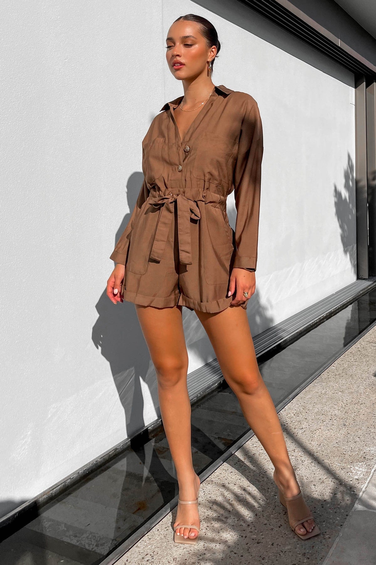 Tiffanie Playsuit, BROWN, LONG SLEEVE, new arrivals, PLAYSUIT, PLAYSUITS, RAYON &amp; TENCEL, RAYON AND TENCEL, TENCEL AND RAYON, , -MISHKAH
