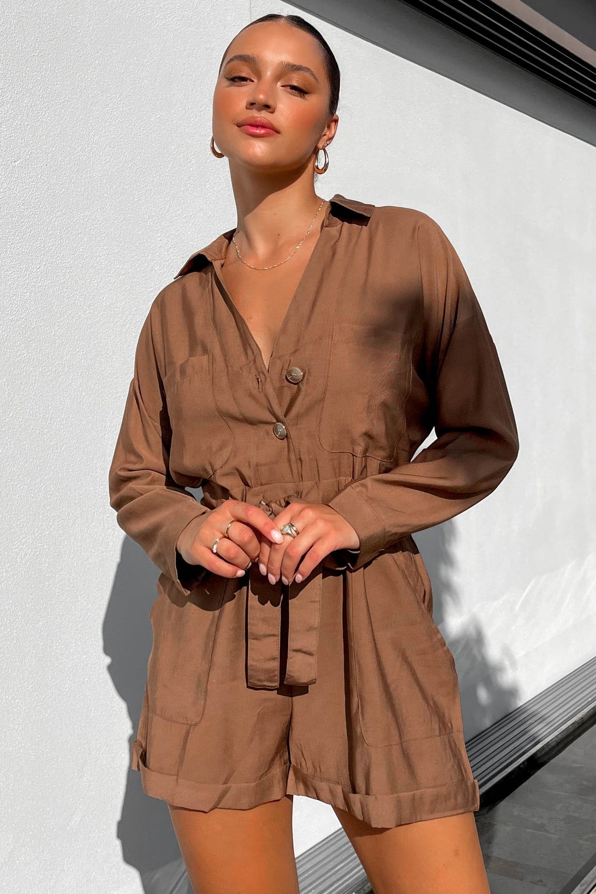 Tiffanie Playsuit, BROWN, LONG SLEEVE, new arrivals, PLAYSUIT, PLAYSUITS, RAYON &amp; TENCEL, RAYON AND TENCEL, TENCEL AND RAYON, , -MISHKAH