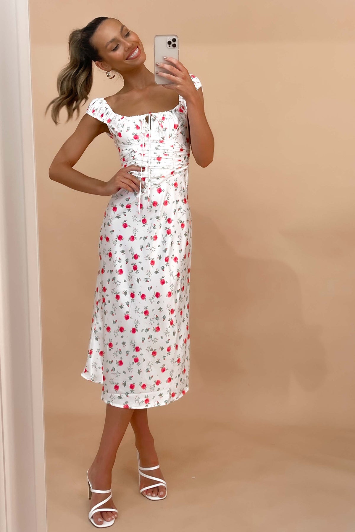 Titian Dress, BODYCON, DRESS, DRESSES, FLORAL, FLORALS, MIDI DRESS, new arrivals, OFF SHOULDER, POLYESTER &amp; RAYON &amp; SPANDEX, POLYESTER AND SPANDEX AND RAYON, WHITE, , -MISHKAH