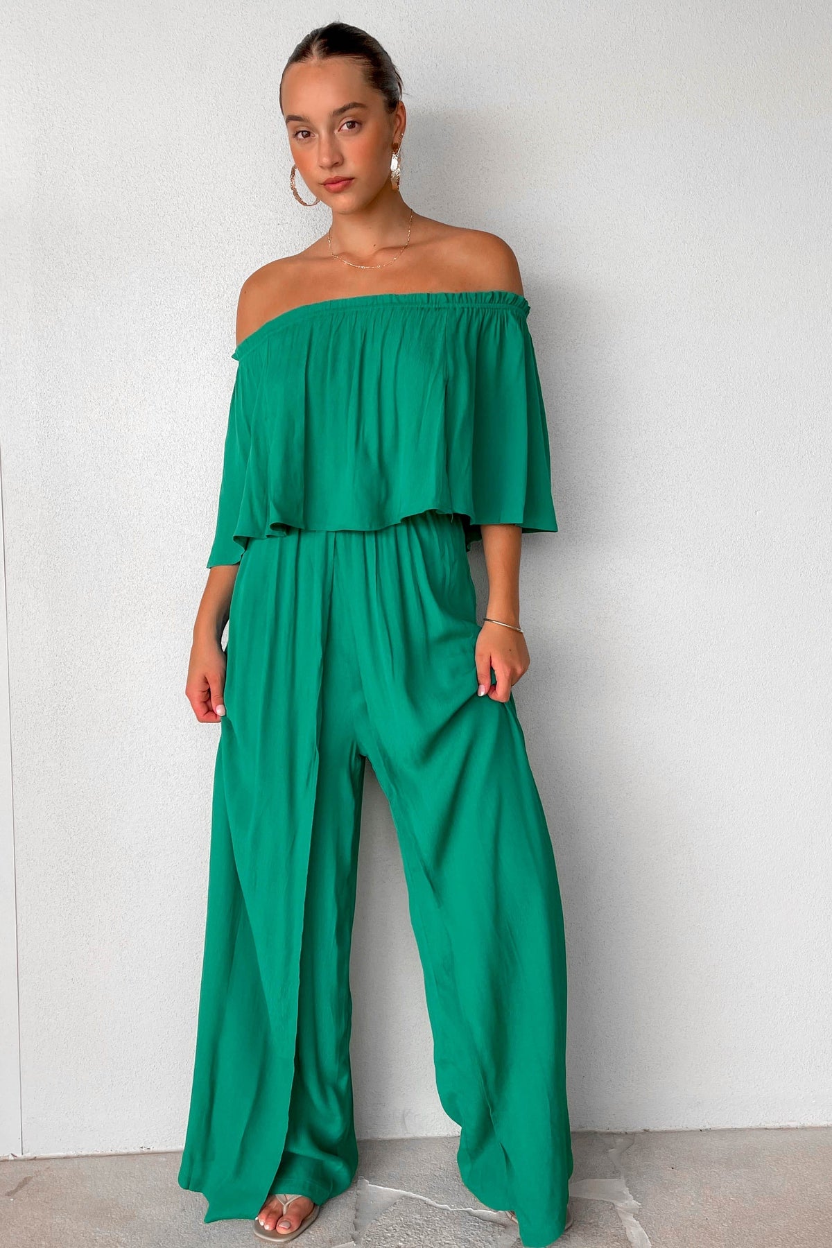 Trisset Jumpsuit, GREEN, JUMPSUIT, JUMPSUITS, new arrivals, NYLON &amp; RAYON, NYLON AND RAYON, OFF SHOULDER, RAYON AND NYLON, , -MISHKAH