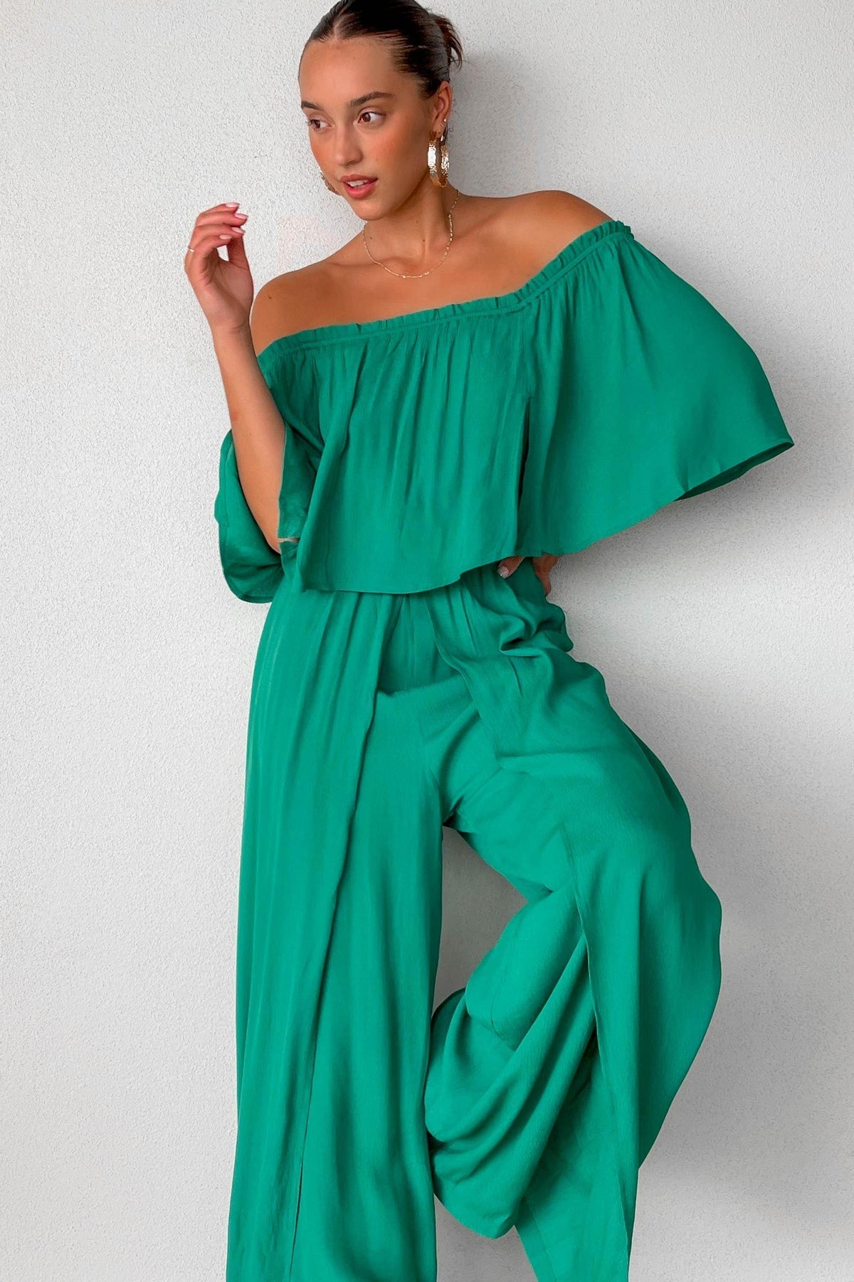 Trisset Jumpsuit, GREEN, JUMPSUIT, JUMPSUITS, new arrivals, NYLON &amp; RAYON, NYLON AND RAYON, OFF SHOULDER, RAYON AND NYLON, , -MISHKAH