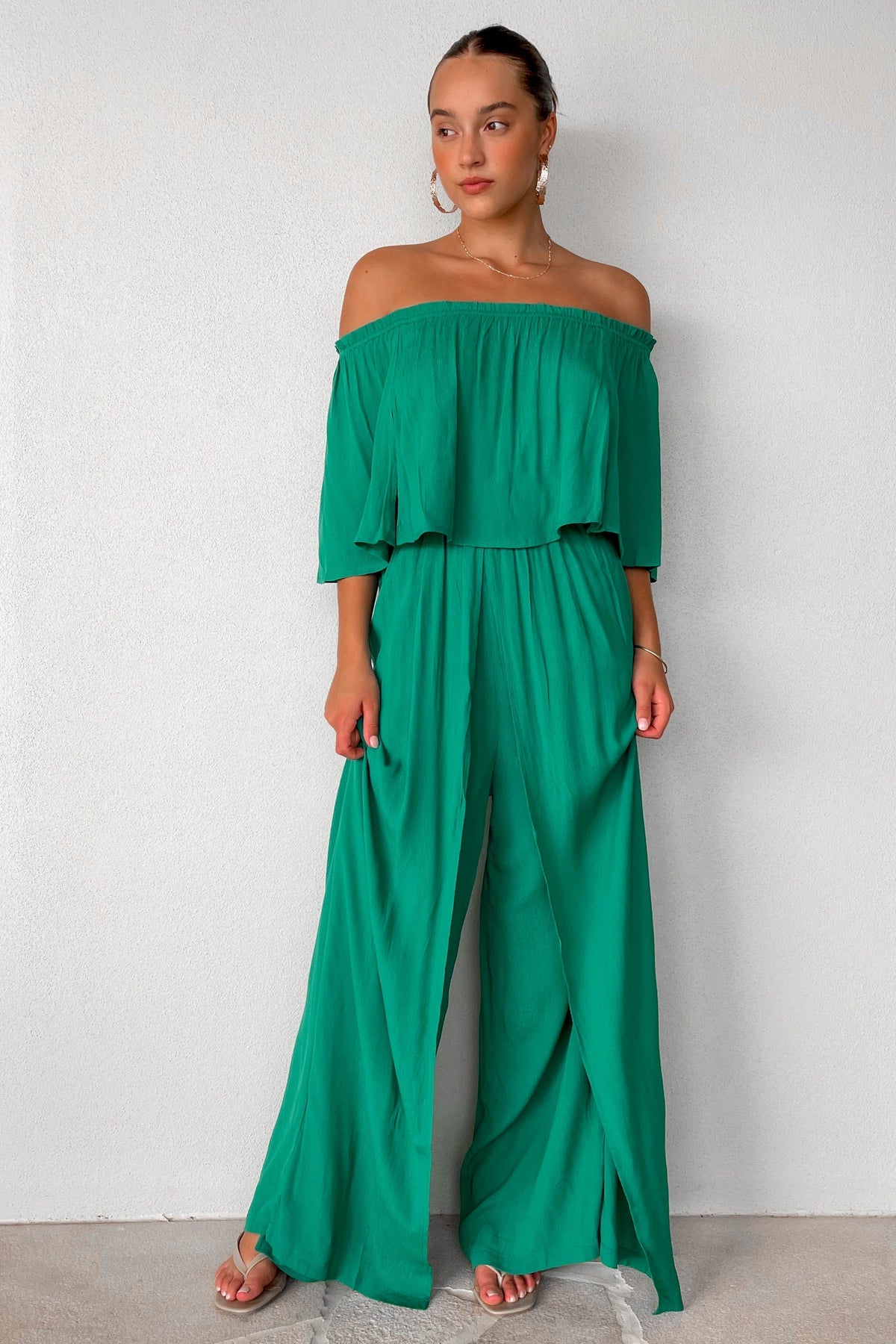 Trisset Jumpsuit, GREEN, JUMPSUIT, JUMPSUITS, new arrivals, NYLON &amp; RAYON, NYLON AND RAYON, OFF SHOULDER, RAYON AND NYLON, , -MISHKAH