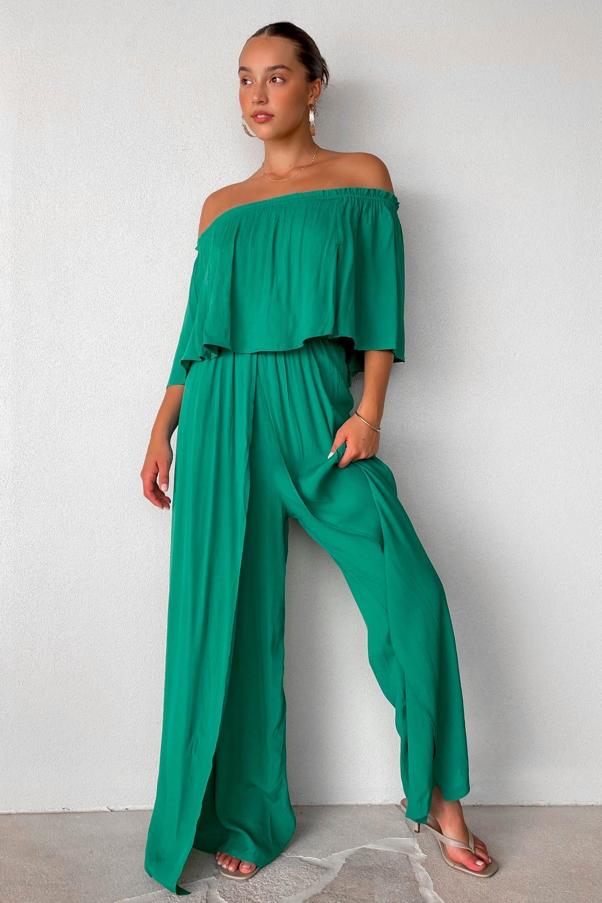 Trisset Jumpsuit, GREEN, JUMPSUIT, JUMPSUITS, new arrivals, NYLON &amp; RAYON, NYLON AND RAYON, OFF SHOULDER, RAYON AND NYLON, , -MISHKAH