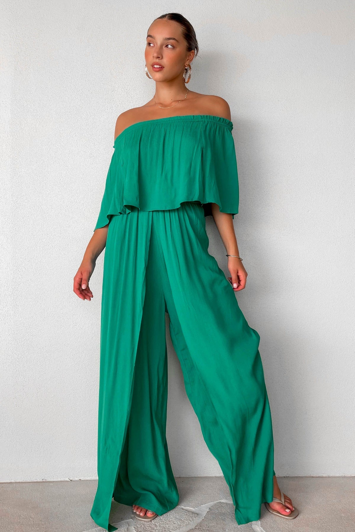 Trisset Jumpsuit, GREEN, JUMPSUIT, JUMPSUITS, new arrivals, NYLON &amp; RAYON, NYLON AND RAYON, OFF SHOULDER, RAYON AND NYLON, , -MISHKAH