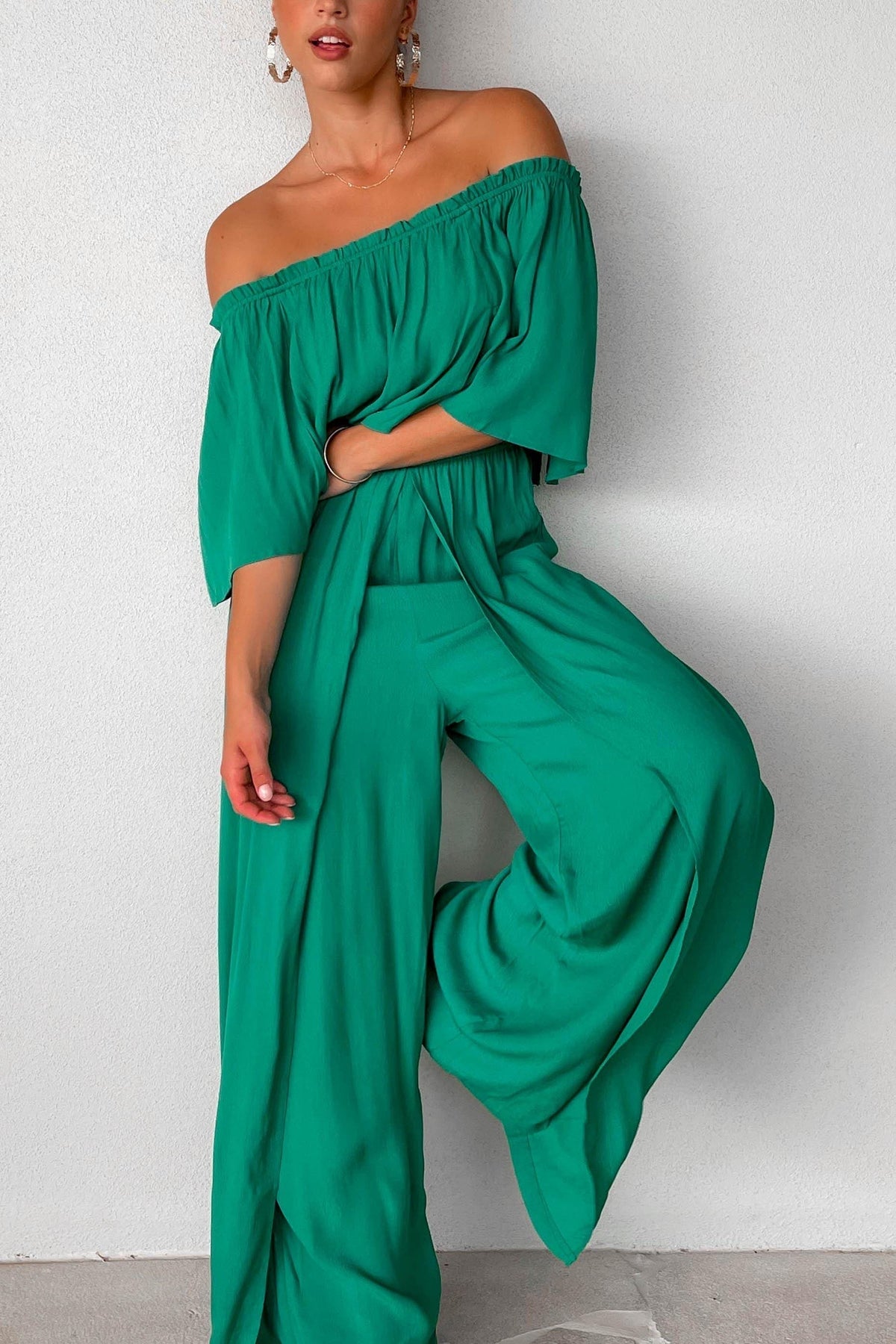 Trisset Jumpsuit, GREEN, JUMPSUIT, JUMPSUITS, new arrivals, NYLON &amp; RAYON, NYLON AND RAYON, OFF SHOULDER, RAYON AND NYLON, , -MISHKAH