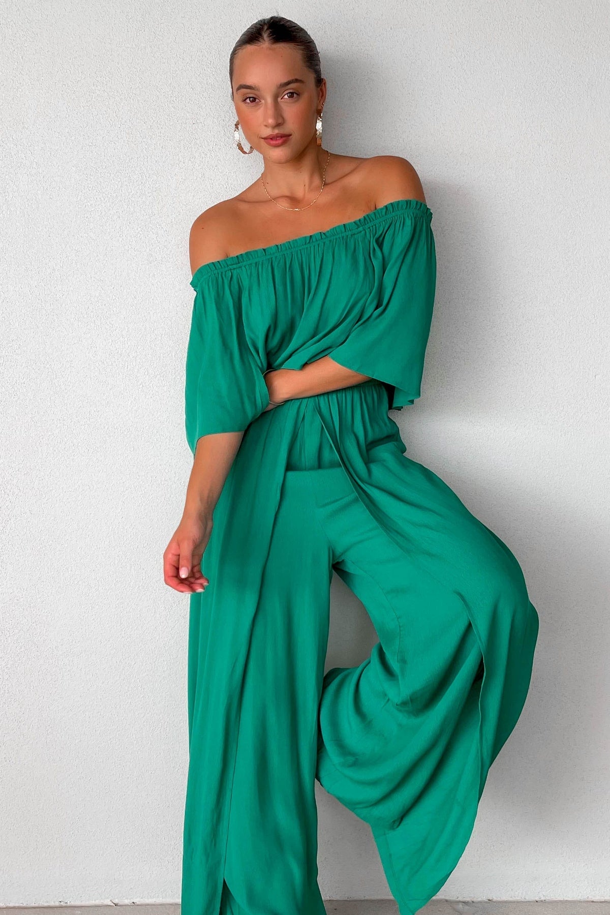 Trisset Jumpsuit, GREEN, JUMPSUIT, JUMPSUITS, new arrivals, NYLON &amp; RAYON, NYLON AND RAYON, OFF SHOULDER, RAYON AND NYLON, , -MISHKAH