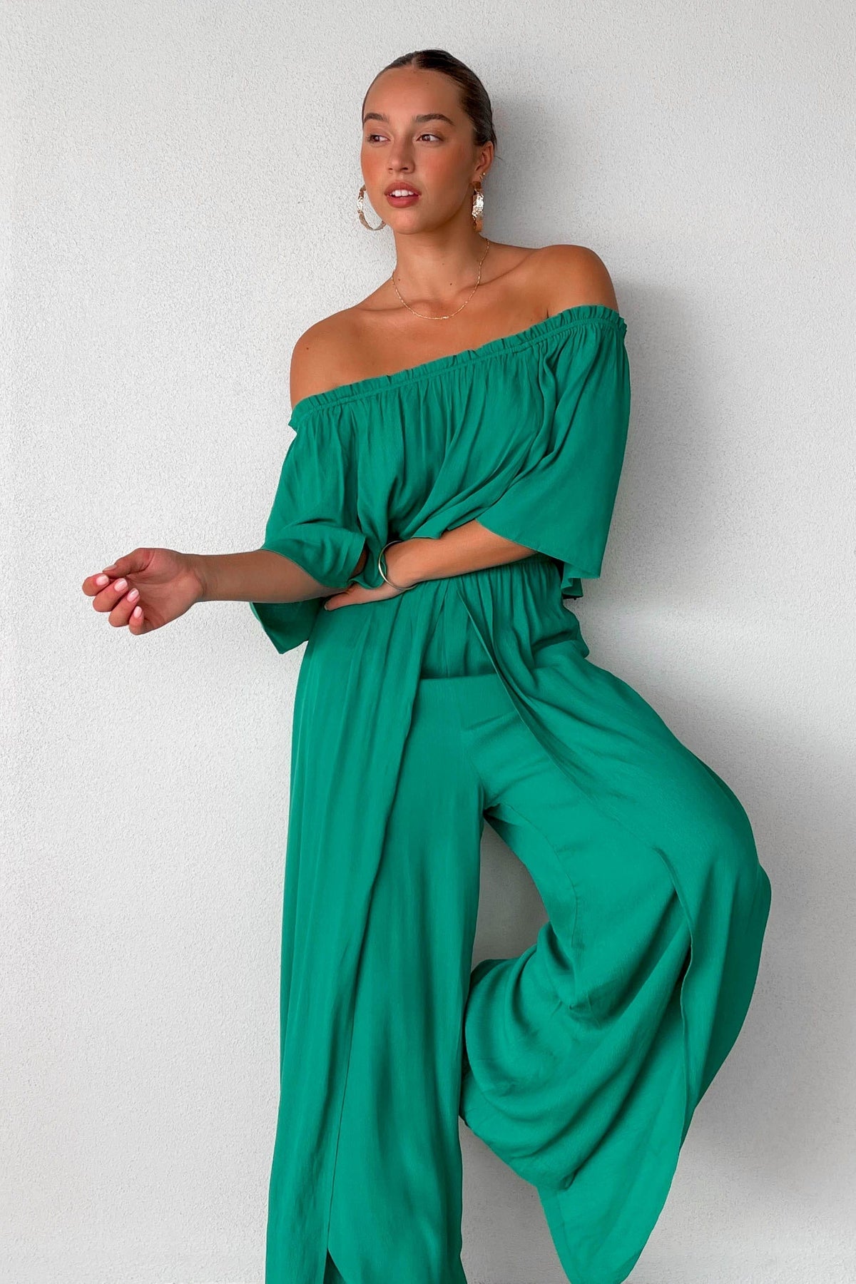 Trisset Jumpsuit, GREEN, JUMPSUIT, JUMPSUITS, new arrivals, NYLON &amp; RAYON, NYLON AND RAYON, OFF SHOULDER, RAYON AND NYLON, , -MISHKAH