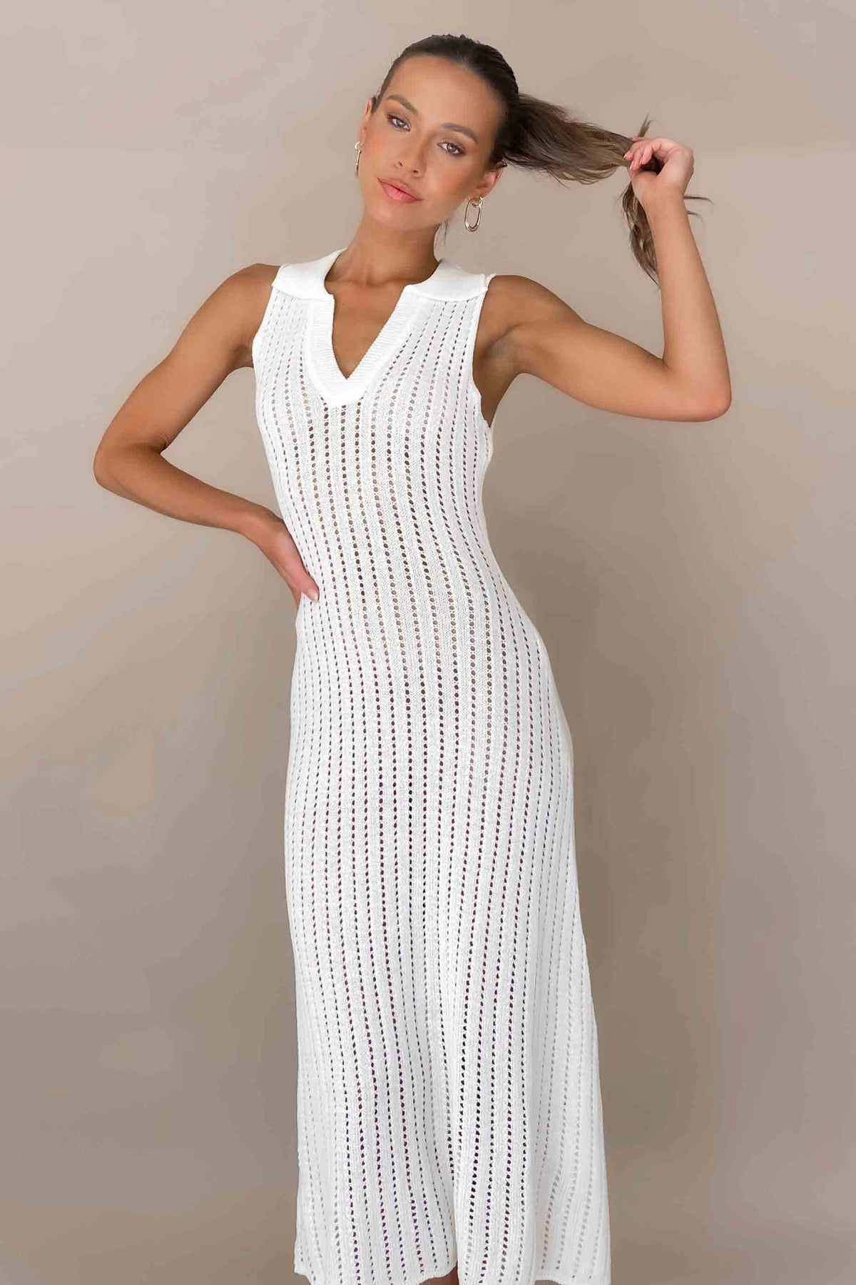 Vesper Dress, ACRYLIC &amp; POLYESTER, ACRYLIC AND POLYESTER, BODYCON, CREAM, DRESS, DRESSES, MIDI DRESS, POLYESTER &amp; ACRYLIC, POLYESTER AND ACRYLIC, , -MISHKAH