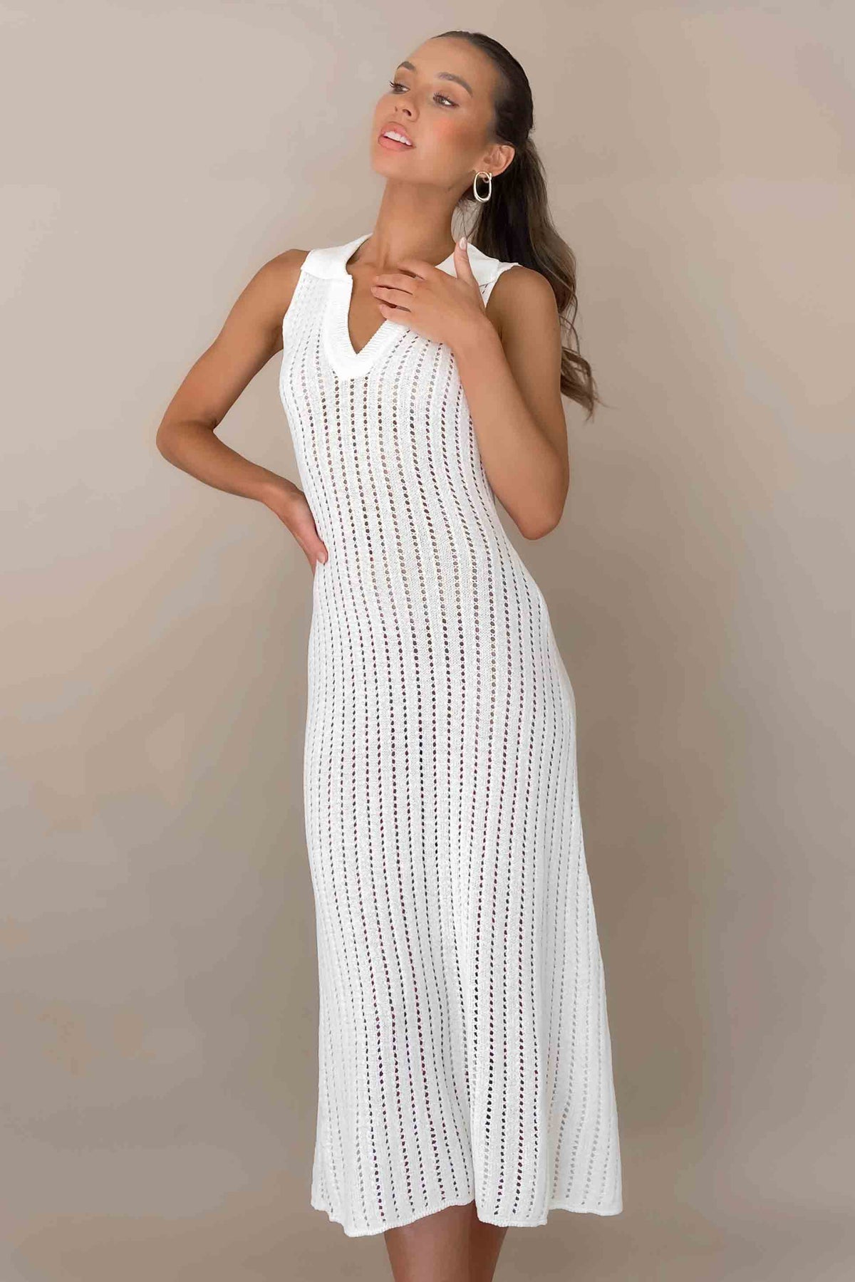 Vesper Dress, ACRYLIC &amp; POLYESTER, ACRYLIC AND POLYESTER, BODYCON, CREAM, DRESS, DRESSES, MIDI DRESS, POLYESTER &amp; ACRYLIC, POLYESTER AND ACRYLIC, , -MISHKAH