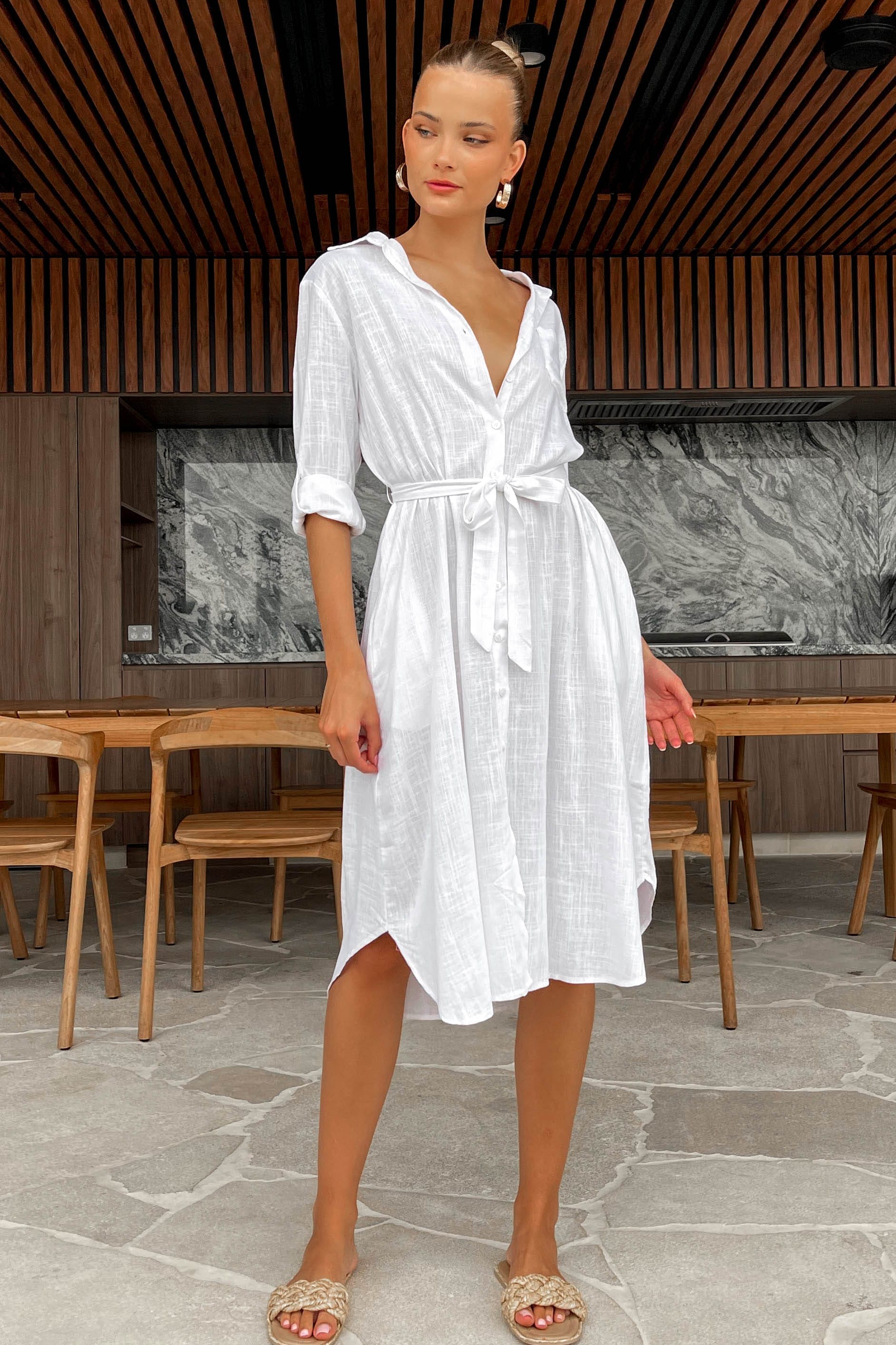 Vinney Dress, DRESS, DRESSES, LINEN & VISCOSE, LINEN AND VISCOSE, LONG SLEEVE, MIDI DRESS, VISCOSE AND LINEN, WHITE, , -MISHKAH