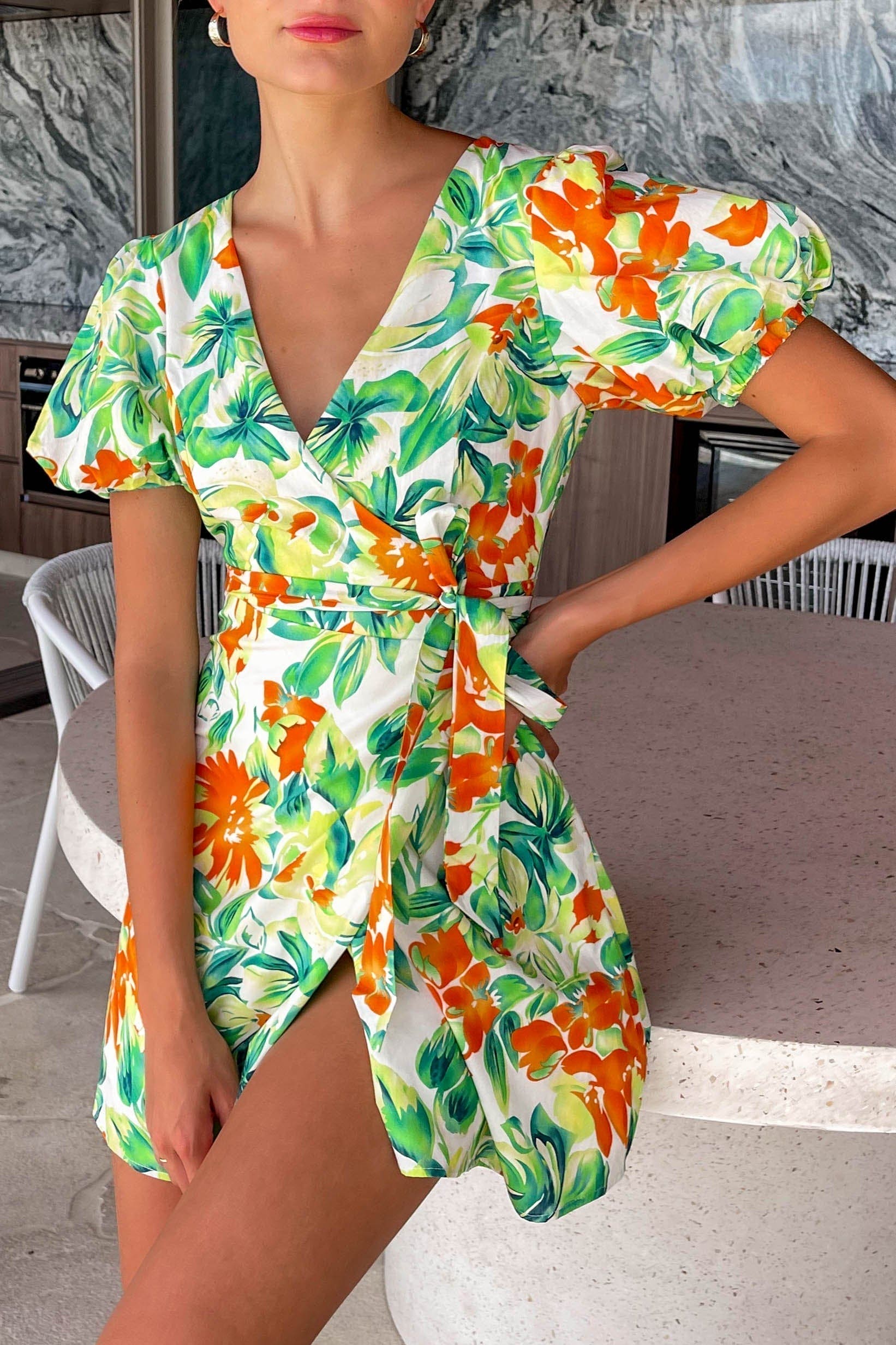 Winnow Dress, BALLOON SLEEVE, COTTON & RAYON, COTTON AND RAYON, DRESS, DRESSES, FLORAL, FLORALS, GREEN, LONG SLEEVE, MINI DRESS, new arrivals, RAYON AND COTTON, WRAP DRESS, , -MISHKAH
