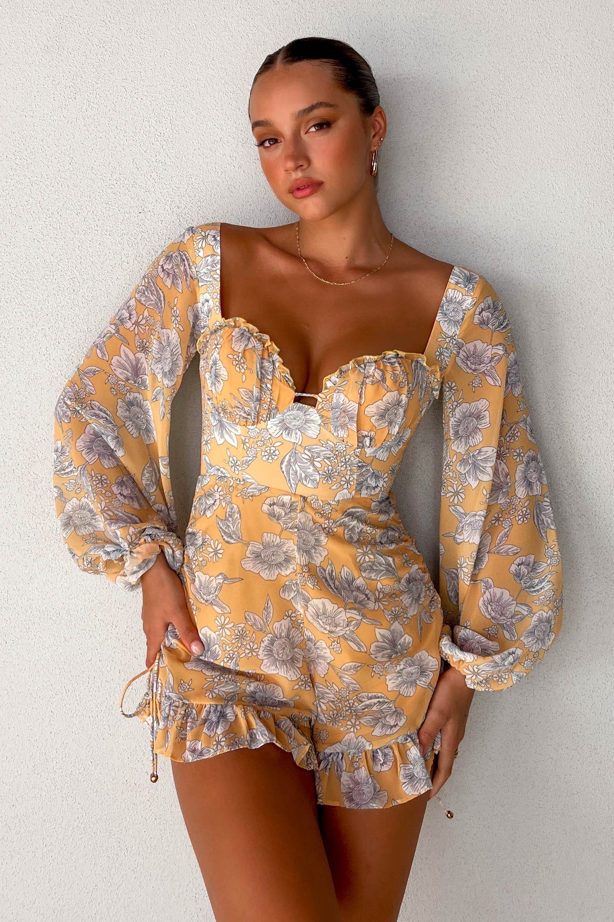 Zillion Playsuit, FLORAL, FLORALS, LONG SLEEVE, new arrivals, PLAYSUIT, PLAYSUITS, POLYESTER, YELLOW, , -MISHKAH