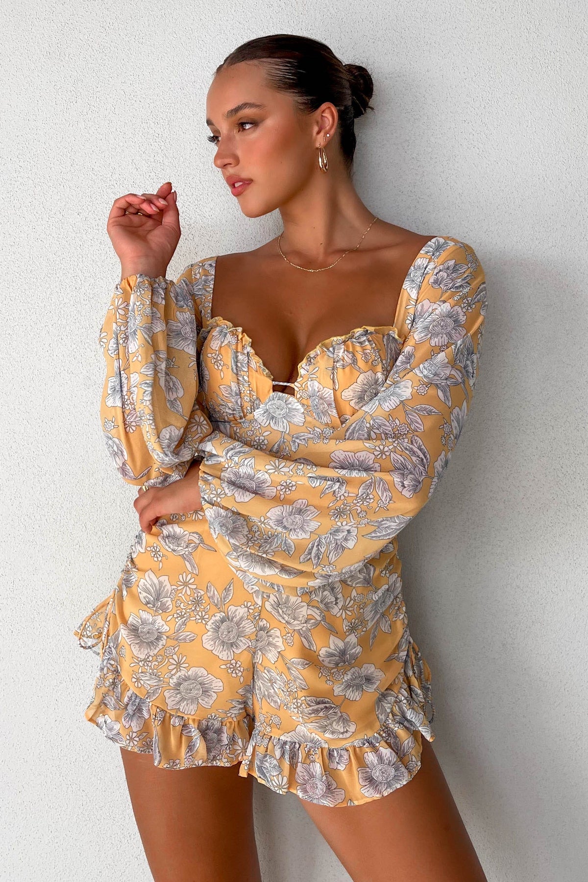 Zillion Playsuit, FLORAL, FLORALS, LONG SLEEVE, new arrivals, PLAYSUIT, PLAYSUITS, POLYESTER, YELLOW, , -MISHKAH